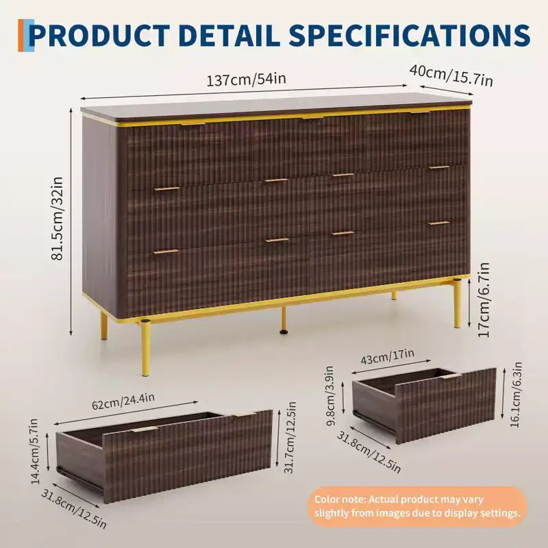 Commode flûtée à 7 tiroirs, commode en bois de 137 cm de large avec poignées dorées, meuble TV au design incurvé pour chambre à coucher ou salon