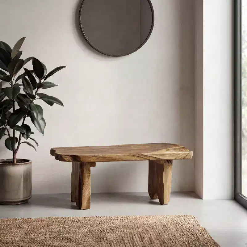 35.4 Banc d'entrée minimaliste rustique fait main en bois de teck massif à bord brut