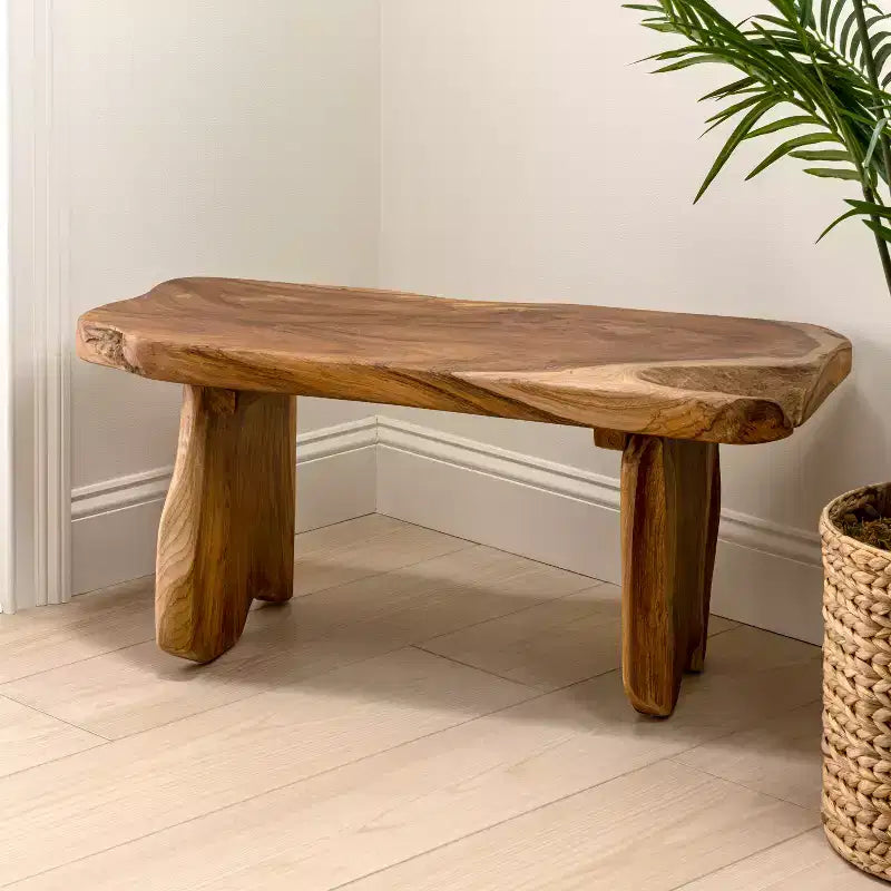 35.4 Banc d'entrée minimaliste rustique fait main en bois de teck massif à bord brut