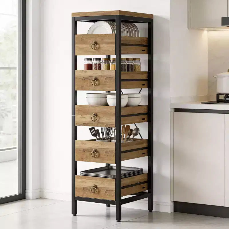 Étagère de rangement de cuisine 5 niveaux étroite avec paniers tiroirs coulissants Organisateur multifonctionnel et peu encombrant pour fruits légumes snacks salon salle de bain