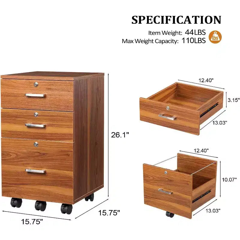 Classeur à 3 tiroirs avec serrure, meuble de classement roulant en bois pour bureau à domicile, support d'imprimante mobile, organiseur de documents sous le bureau