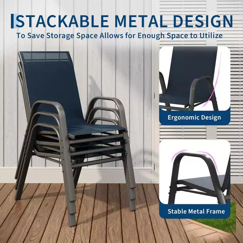 Chaises de salle à manger empilables peu encombrantes pour terrasse, chaises d'extérieur toutes saisons à dossier haut, cadre en métal, pour jardin, arrière-cour