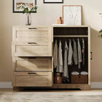 43.3 H Wooden Dresser, Multifunctional Low Wardrobe Armoire with 4 Drawers & Hanging Rod, Storage Cabinet for Bedroom Living Room