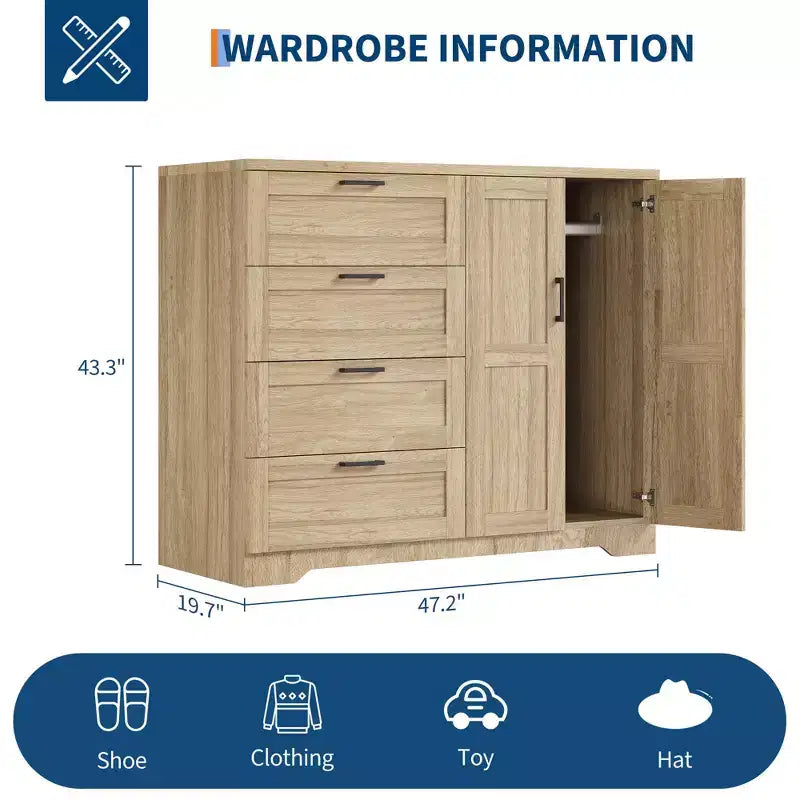 Commode en bois de 109,9 cm (43,3 po) de hauteur, armoire basse multifonctionnelle avec 4 tiroirs et une tringle de suspension, meuble de rangement pour chambre à coucher ou salon