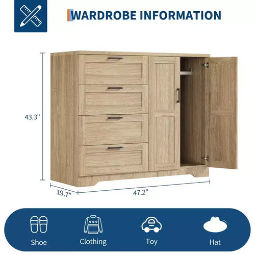 Commode en bois de 109,9 cm (43,3 po) de hauteur, armoire basse multifonctionnelle avec 4 tiroirs et une tringle de suspension, meuble de rangement pour chambre à coucher ou salon