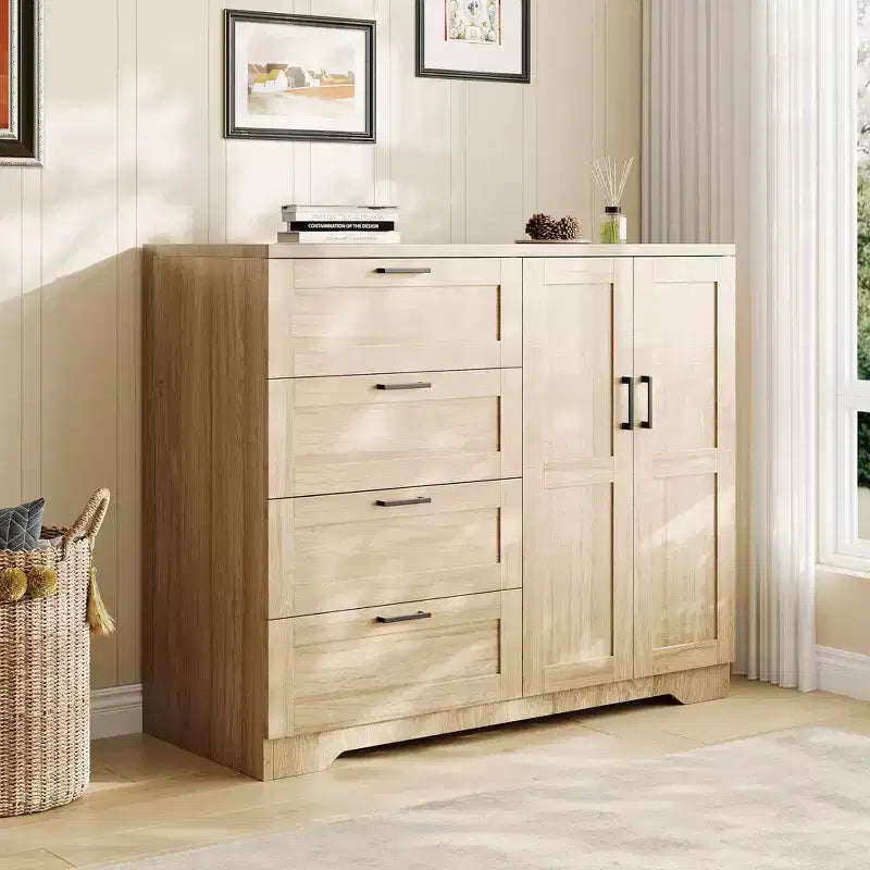 Commode en bois de 109,9 cm (43,3 po) de hauteur, armoire basse multifonctionnelle avec 4 tiroirs et une tringle de suspension, meuble de rangement pour chambre à coucher ou salon