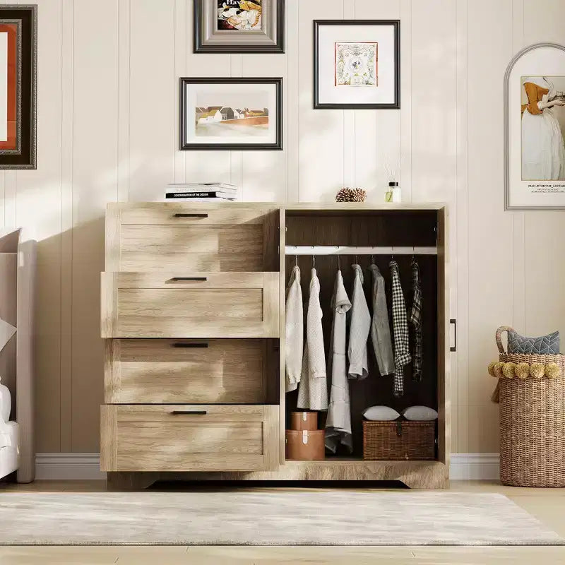Commode en bois de 109,9 cm (43,3 po) de hauteur, armoire basse multifonctionnelle avec 4 tiroirs et une tringle de suspension, meuble de rangement pour chambre à coucher ou salon
