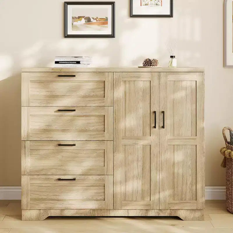 Commode en bois de 109,9 cm (43,3 po) de hauteur, armoire basse multifonctionnelle avec 4 tiroirs et une tringle de suspension, meuble de rangement pour chambre à coucher ou salon