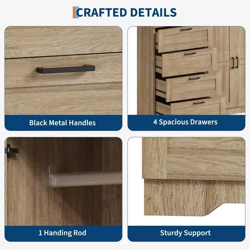 Commode en bois de 109,9 cm (43,3 po) de hauteur, armoire basse multifonctionnelle avec 4 tiroirs et une tringle de suspension, meuble de rangement pour chambre à coucher ou salon