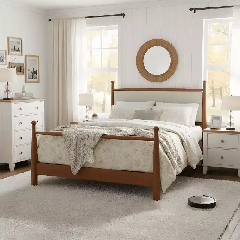 Queen/King Size Platform Bed Frame with Upholstered Headboard & Sturdy Solid Poplar Frame, Beige & Walnut - ModernLuxe