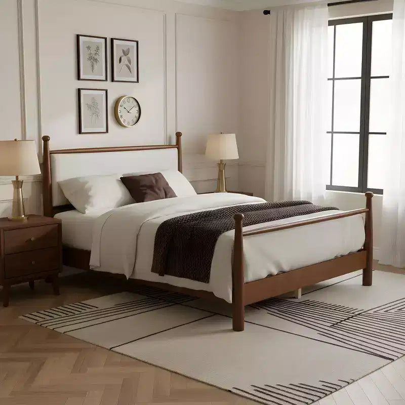 Lit plateforme pour lit Queen/King Size avec tête de lit rembourrée et cadre robuste en peuplier massif, beige et noyer