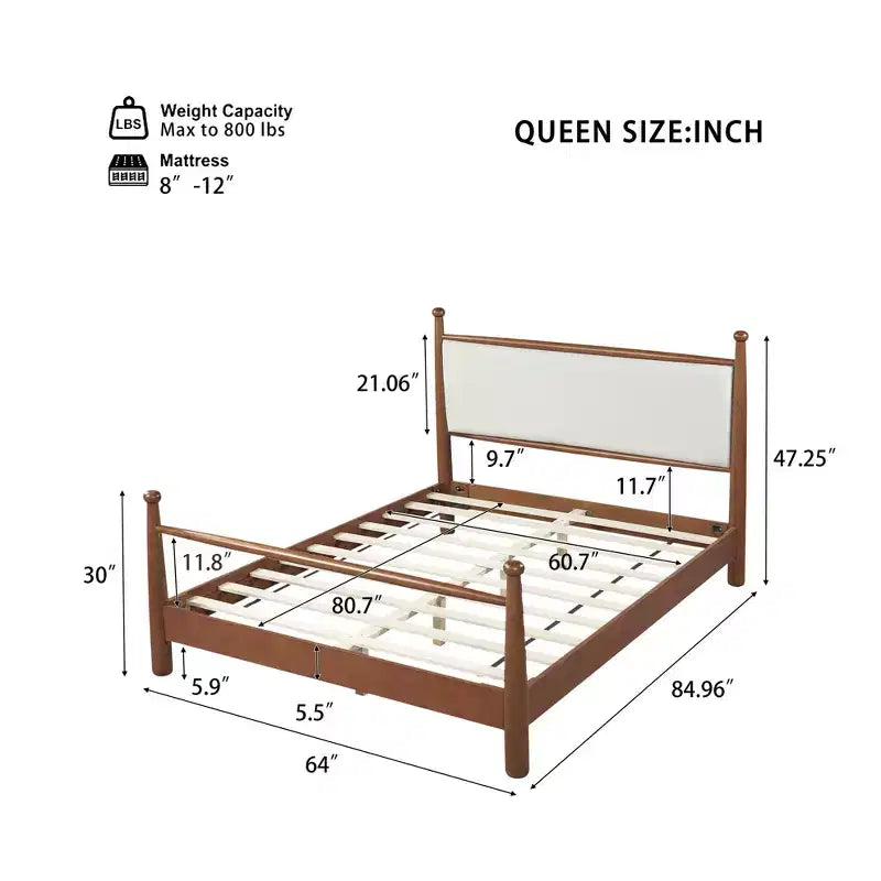 Lit plateforme pour lit Queen/King Size avec tête de lit rembourrée et cadre robuste en peuplier massif, beige et noyer