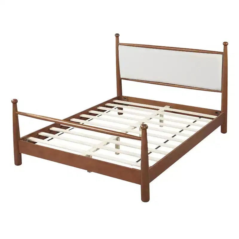 Lit plateforme pour lit Queen/King Size avec tête de lit rembourrée et cadre robuste en peuplier massif, beige et noyer