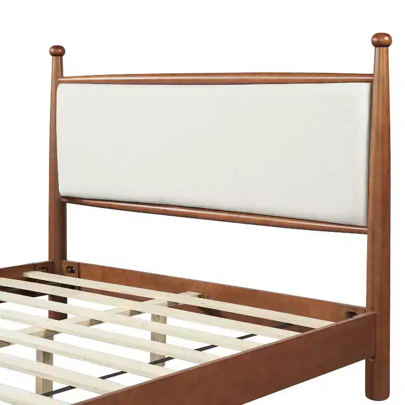 Lit plateforme pour lit Queen/King Size avec tête de lit rembourrée et cadre robuste en peuplier massif, beige et noyer