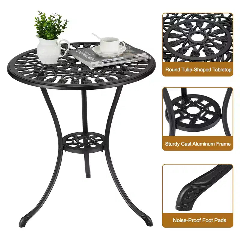 Table de bistrot ronde pour patio, tabouret de jardin extérieur en aluminium moulé résistant aux intempéries, motif floral antique, pour arrière-cour, jardin