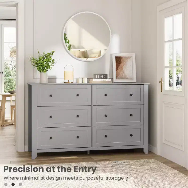 Commode à 6 tiroirs pour chambre, commode en bois de 54 po de large avec poignées en métal, organisateur de rangement pour vêtements, meuble TV pour entrée, chambre