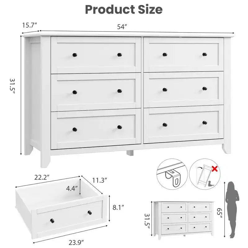 Commode à 6 tiroirs pour chambre, commode en bois de 54 po de large avec poignées en métal, organisateur de rangement pour vêtements, meuble TV pour entrée, chambre