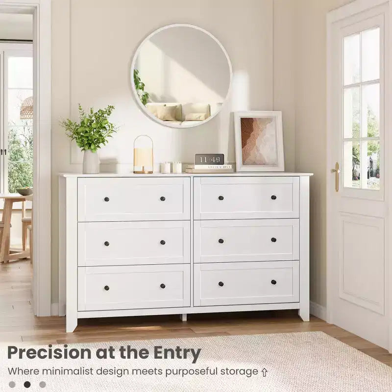 Commode à 6 tiroirs pour chambre, commode en bois de 54 po de large avec poignées en métal, organisateur de rangement pour vêtements, meuble TV pour entrée, chambre