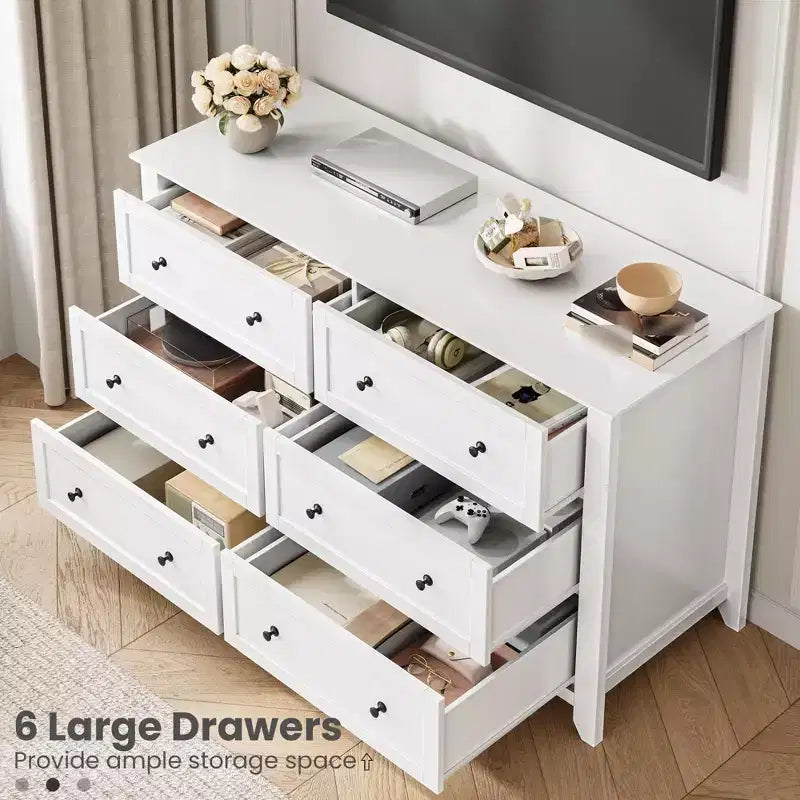 Commode à 6 tiroirs pour chambre, commode en bois de 54 po de large avec poignées en métal, organisateur de rangement pour vêtements, meuble TV pour entrée, chambre
