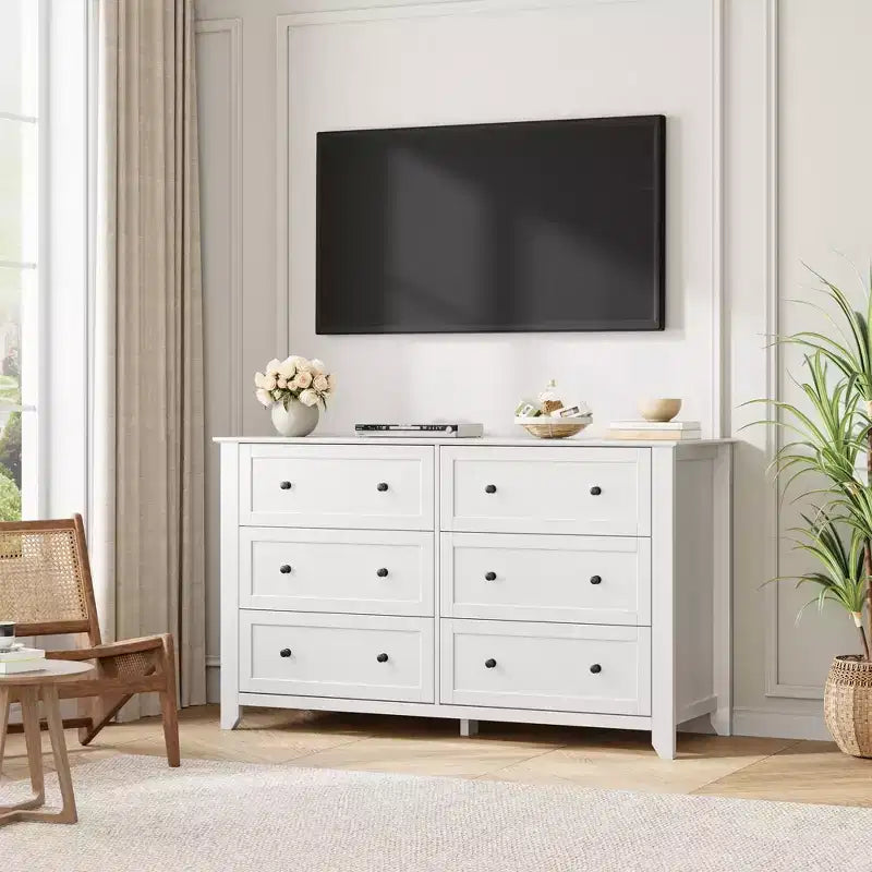 Commode à 6 tiroirs pour chambre, commode en bois de 54 po de large avec poignées en métal, organisateur de rangement pour vêtements, meuble TV pour entrée, chambre