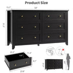 Commode à 6 tiroirs pour chambre, commode en bois de 54 po de large avec poignées en métal, organisateur de rangement pour vêtements, meuble TV pour entrée, chambre