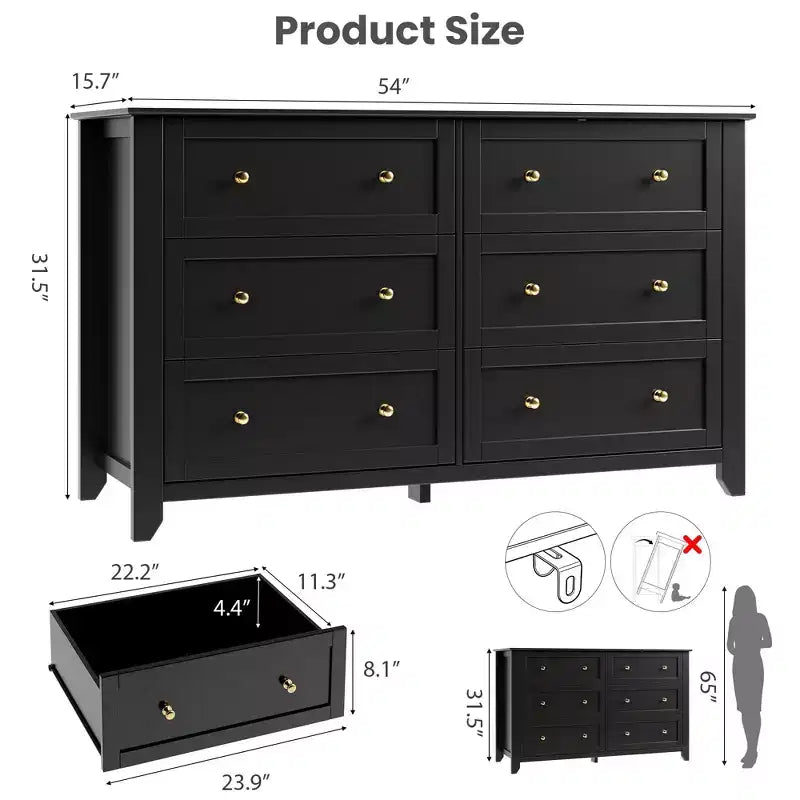 Commode à 6 tiroirs pour chambre, commode en bois de 54 po de large avec poignées en métal, organisateur de rangement pour vêtements, meuble TV pour entrée, chambre