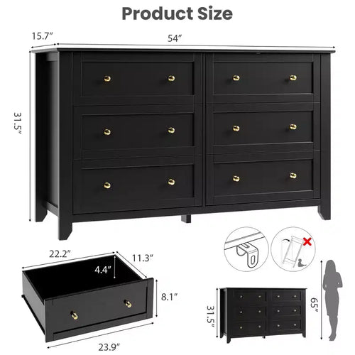 Commode à 6 tiroirs pour chambre, commode en bois de 54 po de large avec poignées en métal, organisateur de rangement pour vêtements, meuble TV pour entrée, chambre