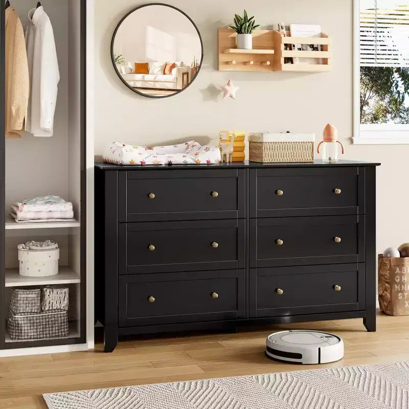 Commode à 6 tiroirs pour chambre, commode en bois de 54 po de large avec poignées en métal, organisateur de rangement pour vêtements, meuble TV pour entrée, chambre