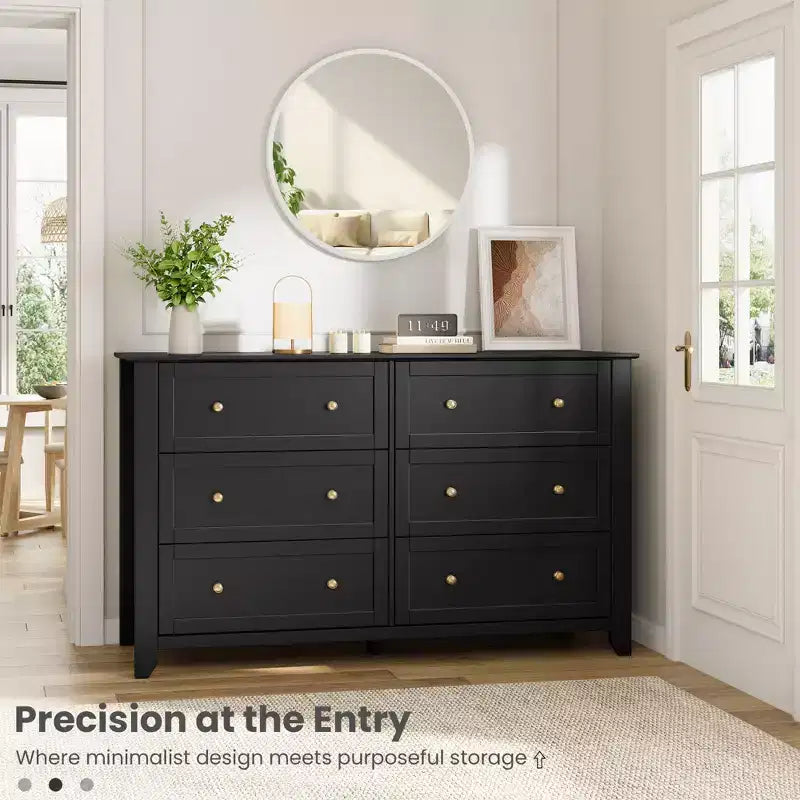 Commode à 6 tiroirs pour chambre, commode en bois de 54 po de large avec poignées en métal, organisateur de rangement pour vêtements, meuble TV pour entrée, chambre
