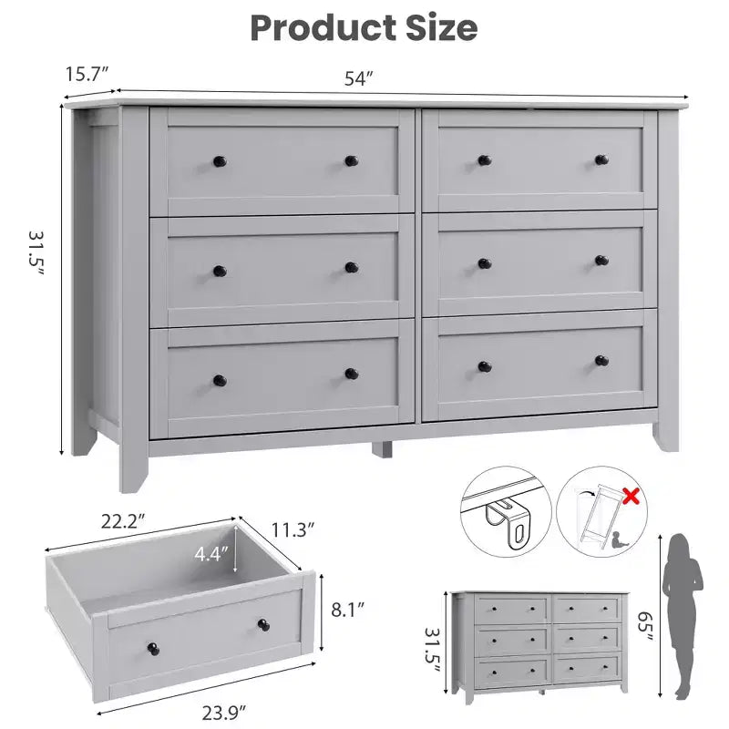 Commode à 6 tiroirs pour chambre, commode en bois de 54 po de large avec poignées en métal, organisateur de rangement pour vêtements, meuble TV pour entrée, chambre