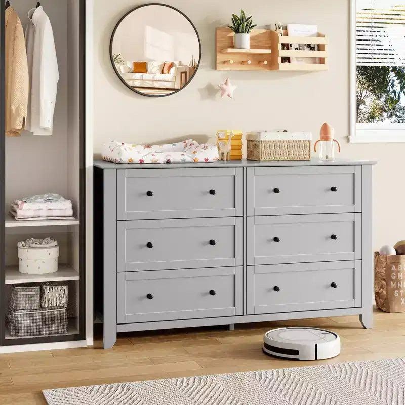 Commode à 6 tiroirs pour chambre, commode en bois de 54 po de large avec poignées en métal, organisateur de rangement pour vêtements, meuble TV pour entrée, chambre