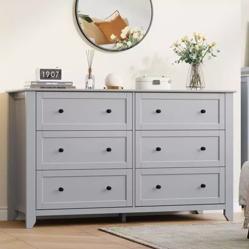 Commode à 6 tiroirs pour chambre, commode en bois de 54 po de large avec poignées en métal, organisateur de rangement pour vêtements, meuble TV pour entrée, chambre