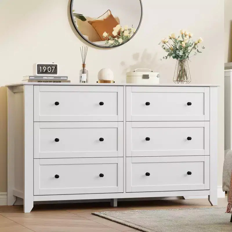 Commode à 6 tiroirs pour chambre, commode en bois de 54 po de large avec poignées en métal, organisateur de rangement pour vêtements, meuble TV pour entrée, chambre