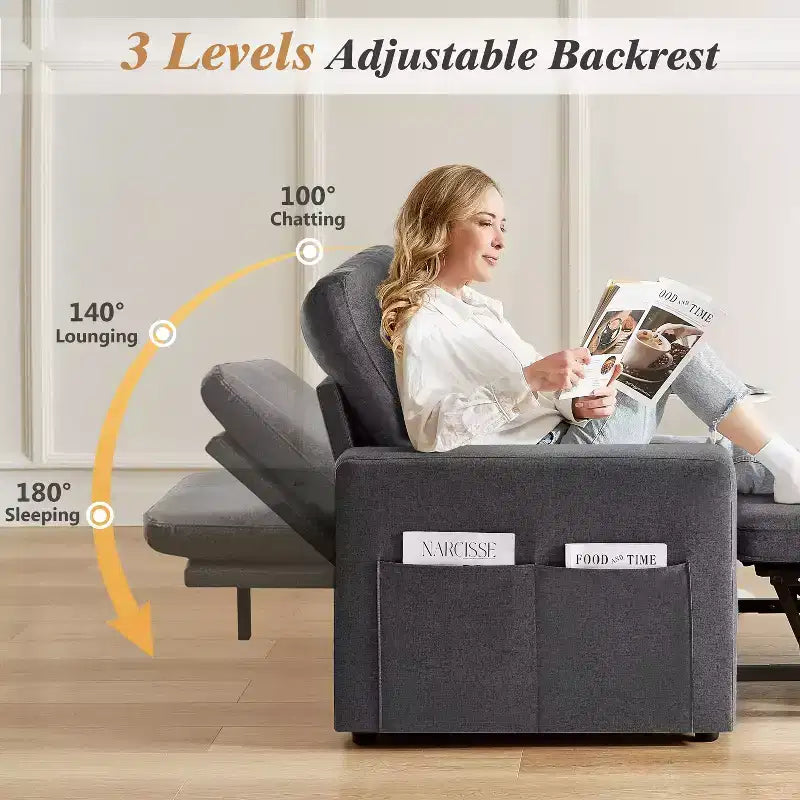 Fauteuil-lit 3 en 1 de 42,5 po, fauteuil-lit convertible avec lit gigogne, dossier réglable, poches latérales