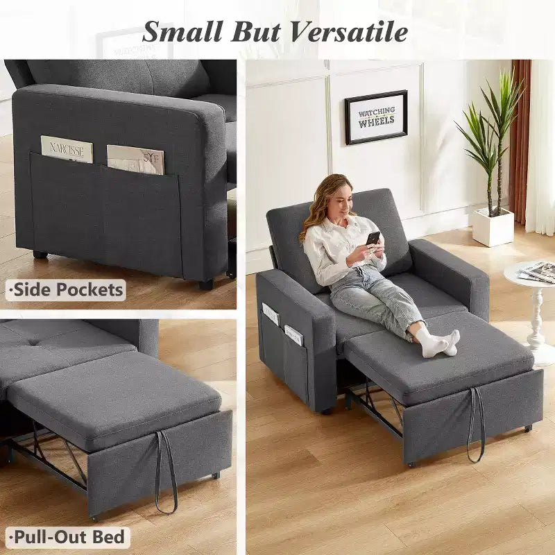 Fauteuil-lit 3 en 1 de 42,5 po, fauteuil-lit convertible avec lit gigogne, dossier réglable, poches latérales