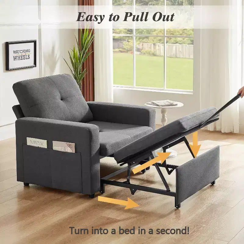 Fauteuil-lit 3 en 1 de 42,5 po, fauteuil-lit convertible avec lit gigogne, dossier réglable, poches latérales