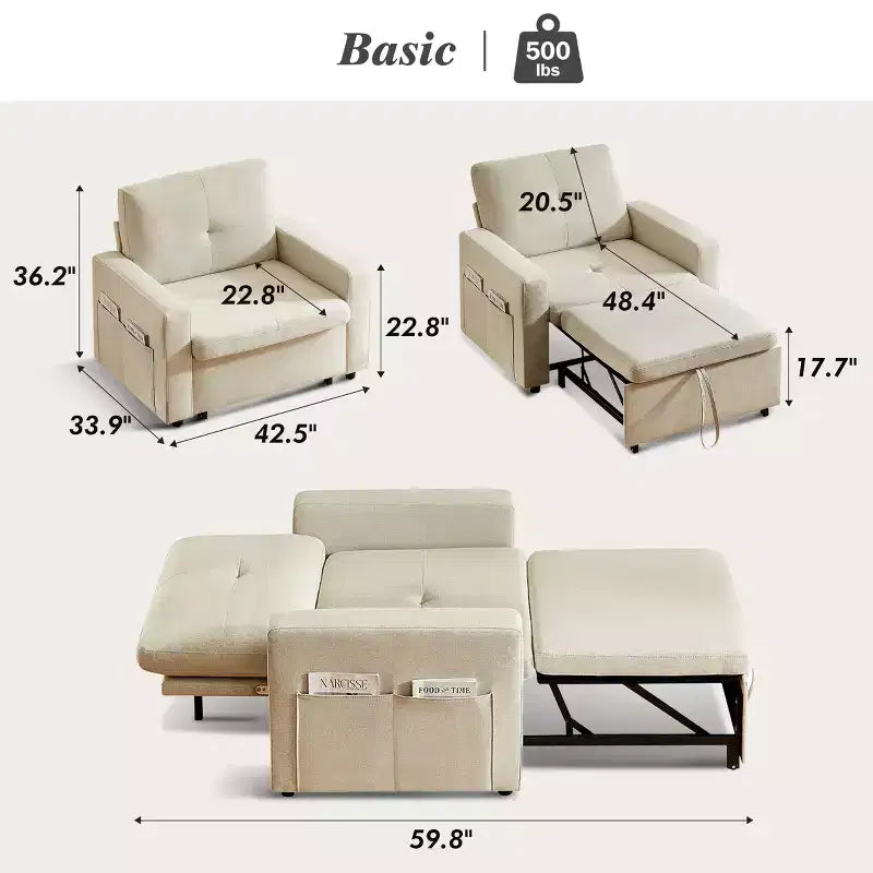 Fauteuil-lit 3 en 1 de 42,5 po, fauteuil-lit convertible avec lit gigogne, dossier réglable, poches latérales