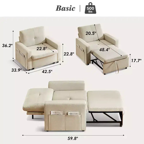 Fauteuil-lit 3 en 1 de 42,5 po, fauteuil-lit convertible avec lit gigogne, dossier réglable, poches latérales