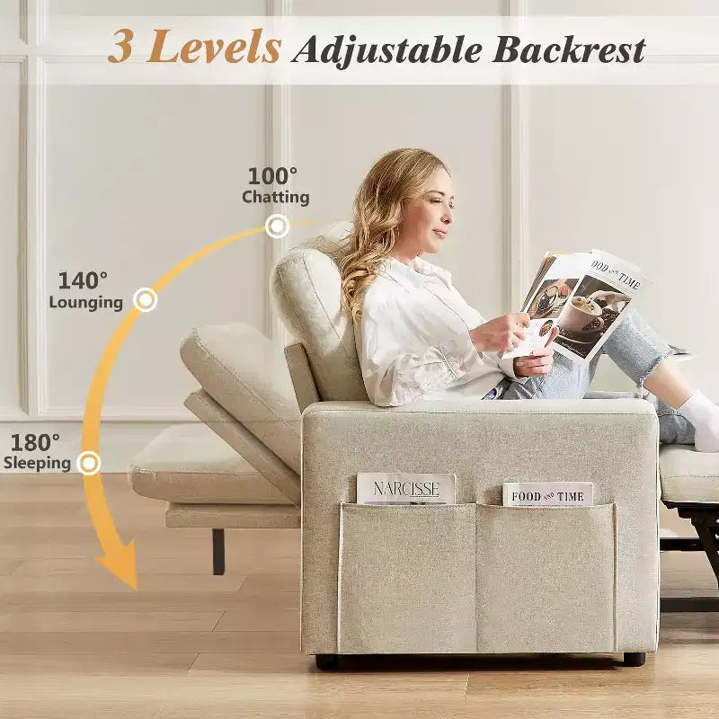 Fauteuil-lit 3 en 1 de 42,5 po, fauteuil-lit convertible avec lit gigogne, dossier réglable, poches latérales