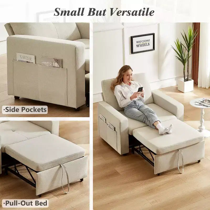 Fauteuil-lit 3 en 1 de 42,5 po, fauteuil-lit convertible avec lit gigogne, dossier réglable, poches latérales