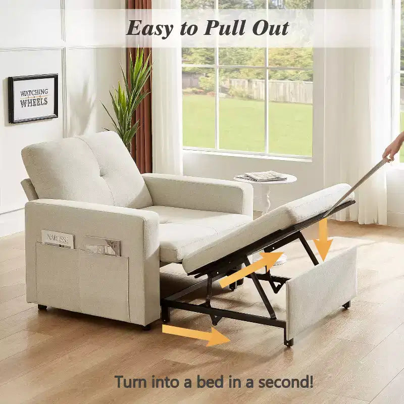 Fauteuil-lit 3 en 1 de 42,5 po, fauteuil-lit convertible avec lit gigogne, dossier réglable, poches latérales