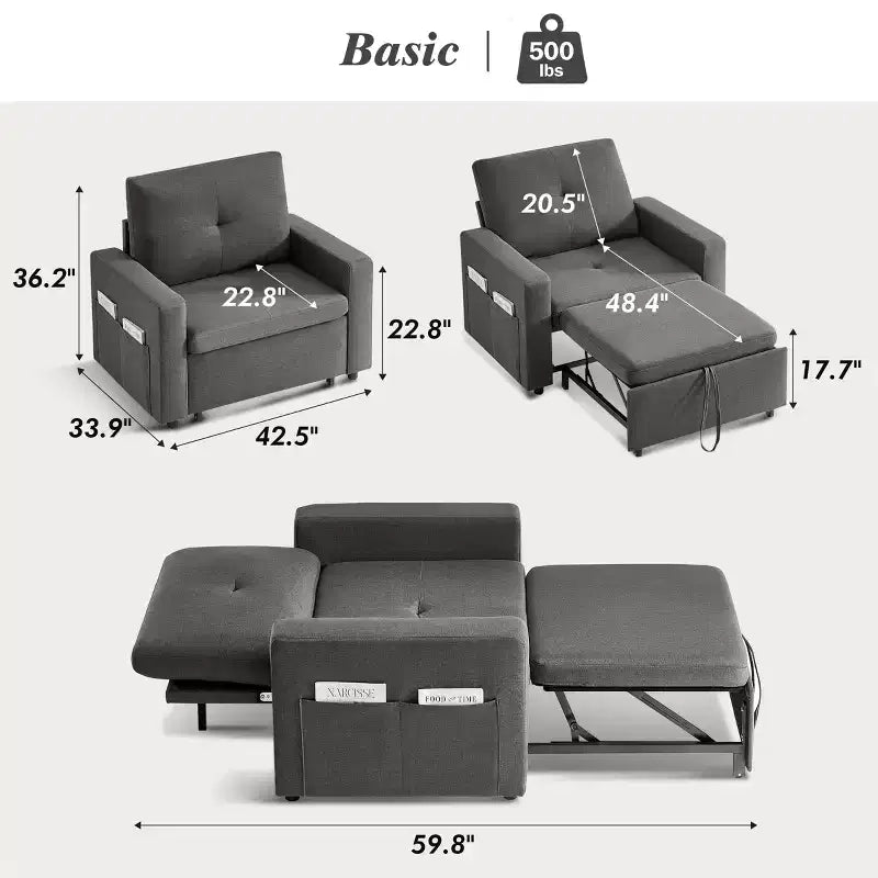 Fauteuil-lit 3 en 1 de 42,5 po, fauteuil-lit convertible avec lit gigogne, dossier réglable, poches latérales