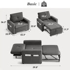 Fauteuil-lit 3 en 1 de 42,5 po, fauteuil-lit convertible avec lit gigogne, dossier réglable, poches latérales