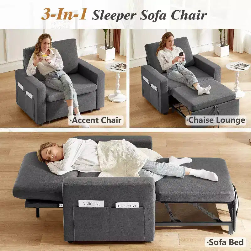 Fauteuil-lit 3 en 1 de 42,5 po, fauteuil-lit convertible avec lit gigogne, dossier réglable, poches latérales